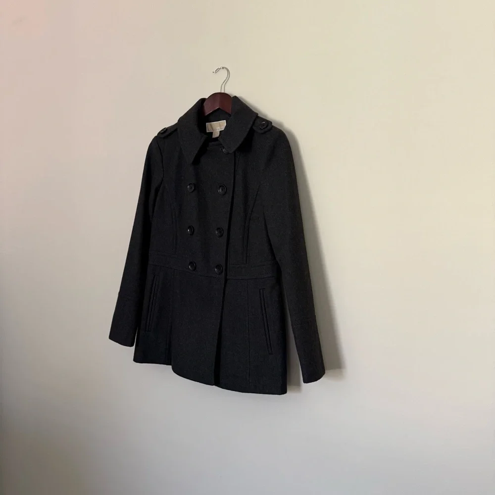 Classic Charcoal Double-Breasted Women's Coat with Military type details. Size S